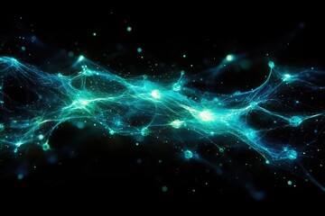 Naklejka premium Abstract teal glowing network, nodes connected by luminous lines, dark background.