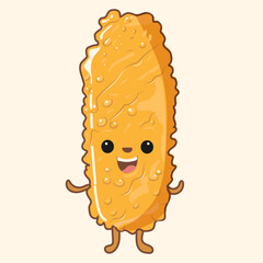 Vector flat illustration of Korean street corn dog, crispy battered stick with cheese pull,cartoon snack style, cute and fun presentation, vector flat