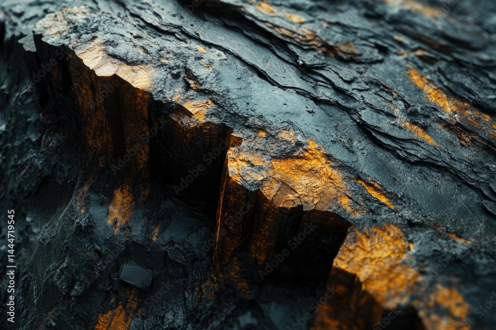 Poster close-up of dark, textured rock surface with golden accents, highlighting intricate details and patt