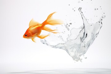 goldfish soaring above a glass aquarium, water droplets suspended mid-air as it breaks free from the surface