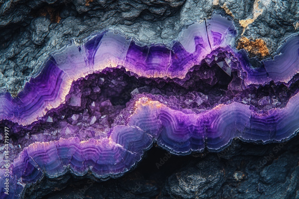Poster a mesmerizing purple amethyst geode, showcasing intricate crystalline formations and vibrant color v