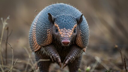 Obraz premium Armored Armadillo with Alert Gaze in Natural Environment