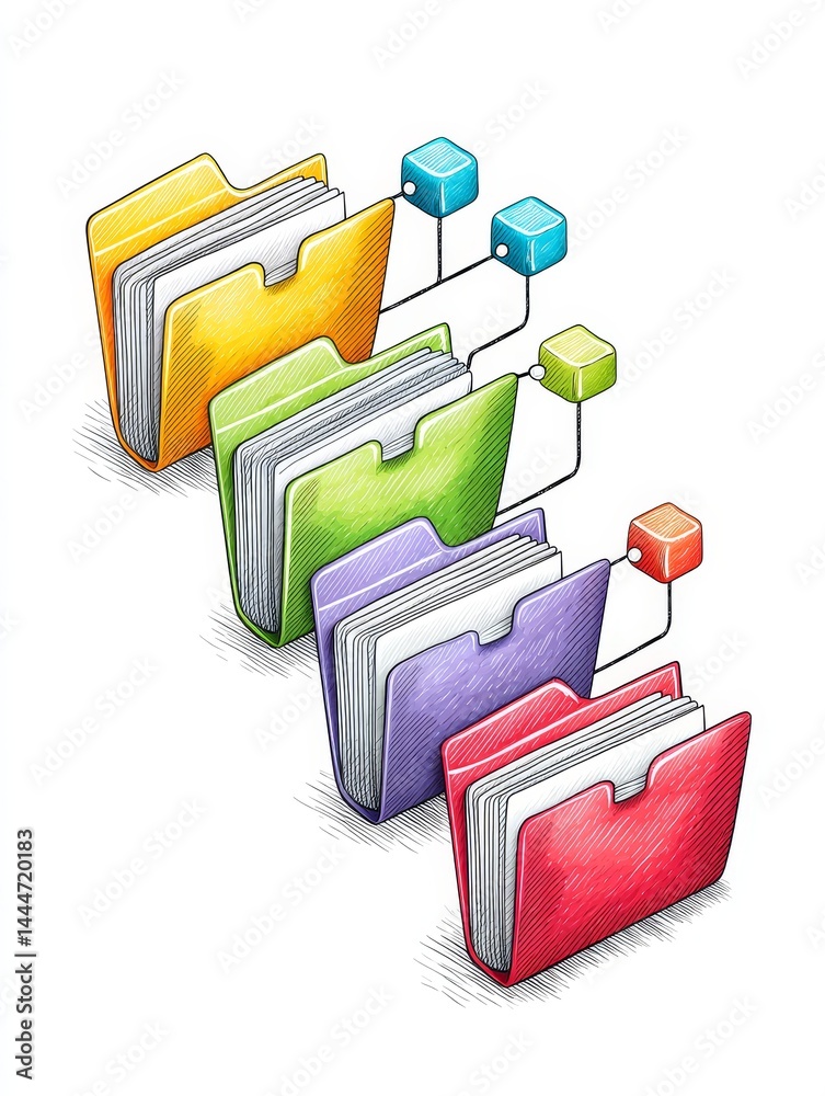 Poster efficient file organization system - colorful illustration of interconnected folders representing a 
