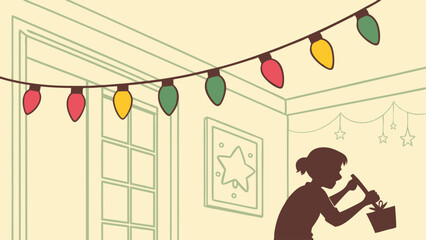 Silhouette girl preparing holiday decorations indoors under festive Christmas lights.
