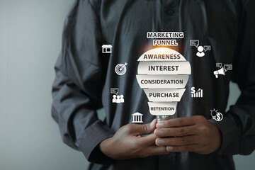 Marketing funnel in a person’s hand with infographic-style icons and labels: Awareness to Retention.