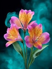 Naklejka premium Elegant Alstroemeria Blooms - Three vibrant alstroemeria flowers with pink and yellow petals, set against a dramatic teal smoke background