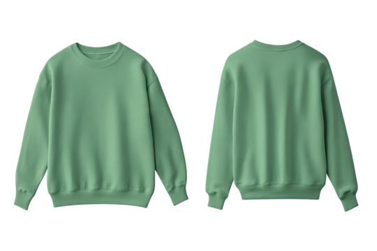 Blank green sweatshirt front and back view mockup isolated on white for custom apparel design