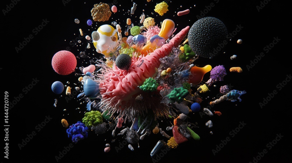 Poster creative renderings of microscopic organisms, each with unique geometry and color, isolated in a dee