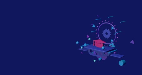 Obraz premium Pink square academic cap symbol on a pedestal of abstract geometric shapes floating in the air. Abstract concept art with flying shapes on the right. 3d illustration on indigo background