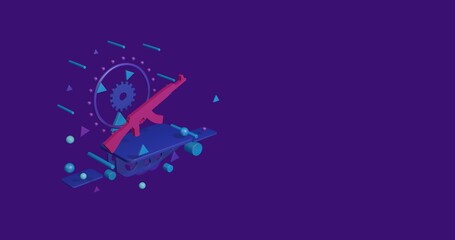Obraz premium Pink assault rifle on a pedestal of abstract geometric shapes floating in the air. Abstract concept art with flying shapes on the left. 3d illustration on deep purple background