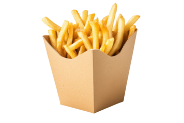 Brown craft paper box filled with golden fries isolated on white for snack or menu designs