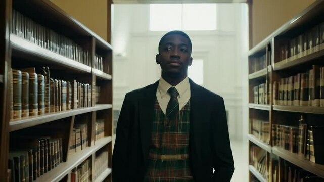 The camera slowly zooms in as a young black man in a scottish kilt walks confidently, facing the camera, along a quiet library. he walks thoughtfully, serious