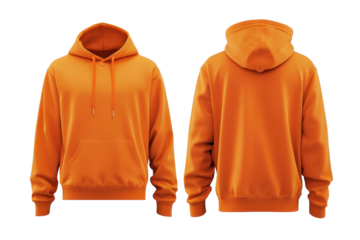 Blank orange hoodie front and back view mockup isolated on white perfect for custom apparel design