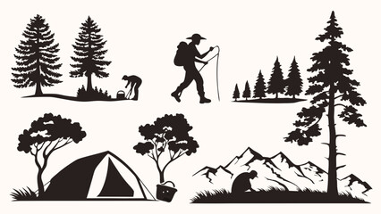 Collection of Outdoor Adventure Silhouettes Hiking Camping Forest Mountains Tent Trees Wildlife Vector Art