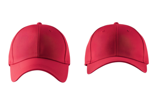 Red cap mockup showing front profile and rear views isolated on white for stylish headwear designs