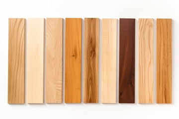 polished wooden flooring samples including oak, walnut, and maple, displayed neatly in a row with visible grain patterns