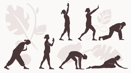 Minimalist Illustration Set of Woman Silhouettes Doing Yoga and Stretching Exercises with Leaves Background