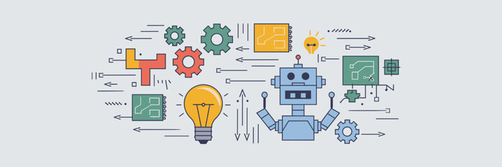 Vector icon sheet with innovation symbols like light bulbs, gears, and robots – Perfect for tech, science, or creative projects.