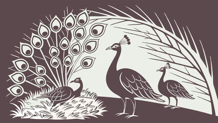Stylized Two-Tone Illustration of Peacocks A Male Displaying Fanned Tail Feathers Near a Nest