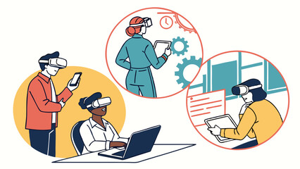 Flat Illustration People Using VR Headsets for Work Learning Immersive Digital Tech