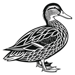 Duck Outline Isolated, Standing Black and White with Intricate Feather Details