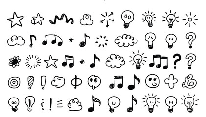 Hand drawn doodle icons set of star cloud lightbulb music note