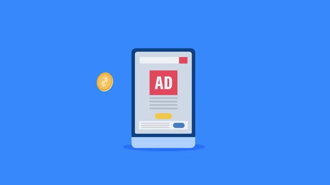 Online ads on smartphone screen, digital advertising campaign for product promotion, e-business monetize concept.