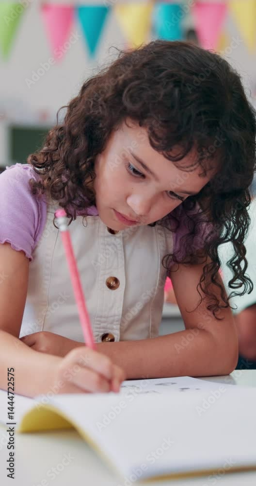 Leinwandbilder writing, education and child with exam, classroom and knowledge for project, growth and development.