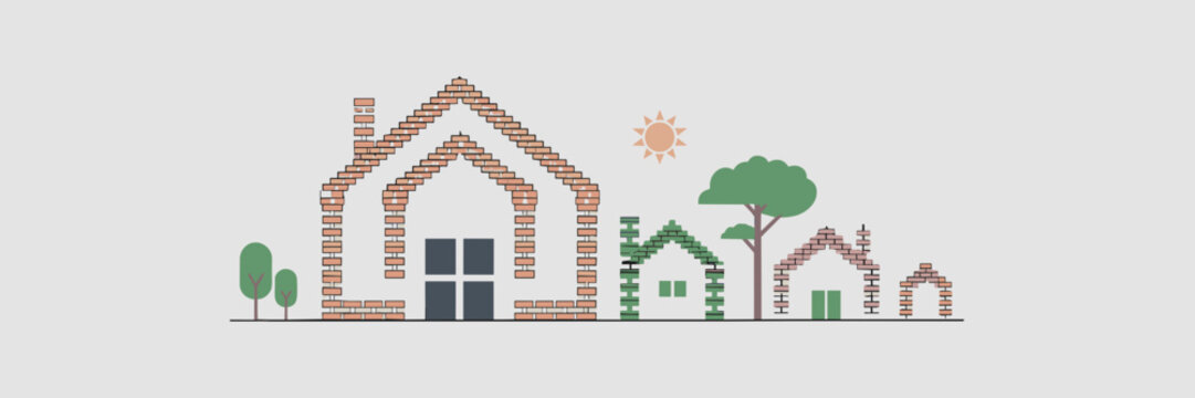 Vector illustration of house icons made of bricks – Great for home construction, building materials, or real estate industry content.