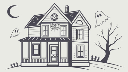 Fototapeta premium Spooky Halloween Haunted House Illustration Vintage Black White Ghosts Moon Tree Spiderweb Scene