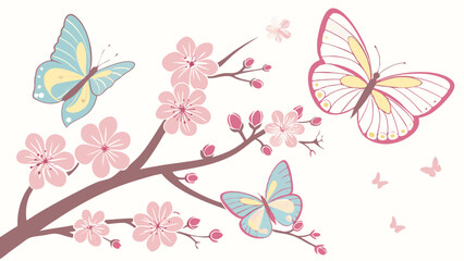 Beautiful Blue Yellow Pink Butterflies Flying Around Pink Cherry Blossom Branch Illustration Art