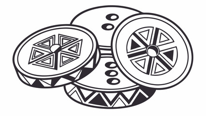 Detailed Black and White Line Art Illustration of Three Decorative Drums Featuring Tribal Patterns and Designs.