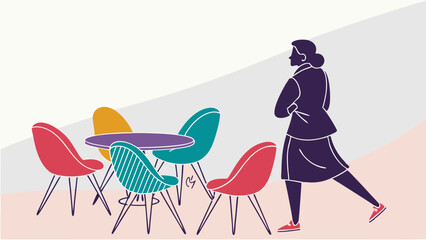 Colorful Vector Illustration Woman Silhouette by Round Table and Five Modern Chairs