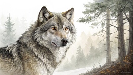 Obraz premium Portrait of a wolf in a forest with trees and fog in the background on a winter day art created with generative ai