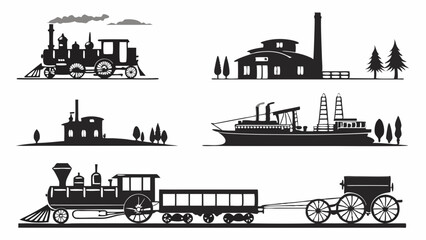 Fototapeta premium Vintage Steam Train Paddle Steamer Boat and Factory Silhouettes Industrial Revolution Era Transport and Industry Icons