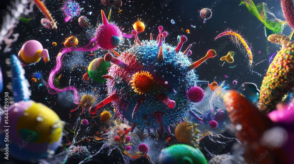 Poster Colorful virus particles floating in space, intricate spikes and patterns highlighted in detail