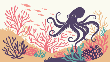 Colorful Flat Illustration of a Purple Octopus, Vibrant Coral Reef, and Orange Fish in an Underwater Scene