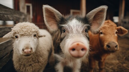Fototapeta premium A woolly sheep, speckled piglet, and ginger calf stand together in a farm pen