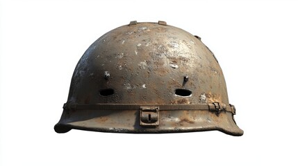 Obraz premium A weathered military helmet showcasing history and battle scars. This vintage piece symbolizes resilience and courage in the face of adversity. Generative AI