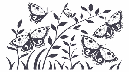 Black and White Illustration of Butterflies Flying Around Plants and Grass
