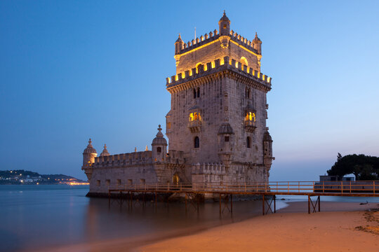 UNESCO World Heritage Site Bel&eacute;m Tower at Tagus river, Lisbon, Portugal. Long exposure night shot.