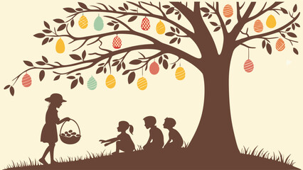 Spring Easter Holiday Silhouette Illustration Children and Egg Tree Gathering