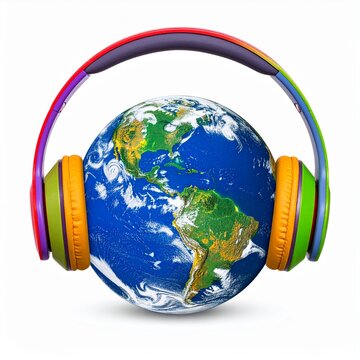 Image of colorful headphones covering a photo of a realistic globe.