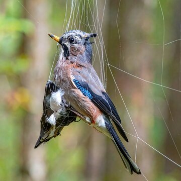 Picture of a bird caught in a hunter's net in the forest.