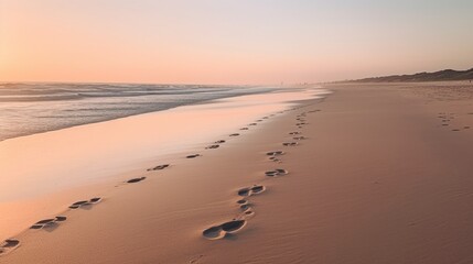 Footprints on a beach at sunrise
