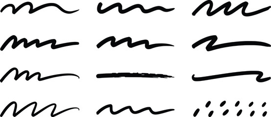 Black artistic wavy lines and shapes collection on white background