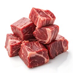 Fototapeta premium Pile of raw beef cubes with marbling, isolated on white background