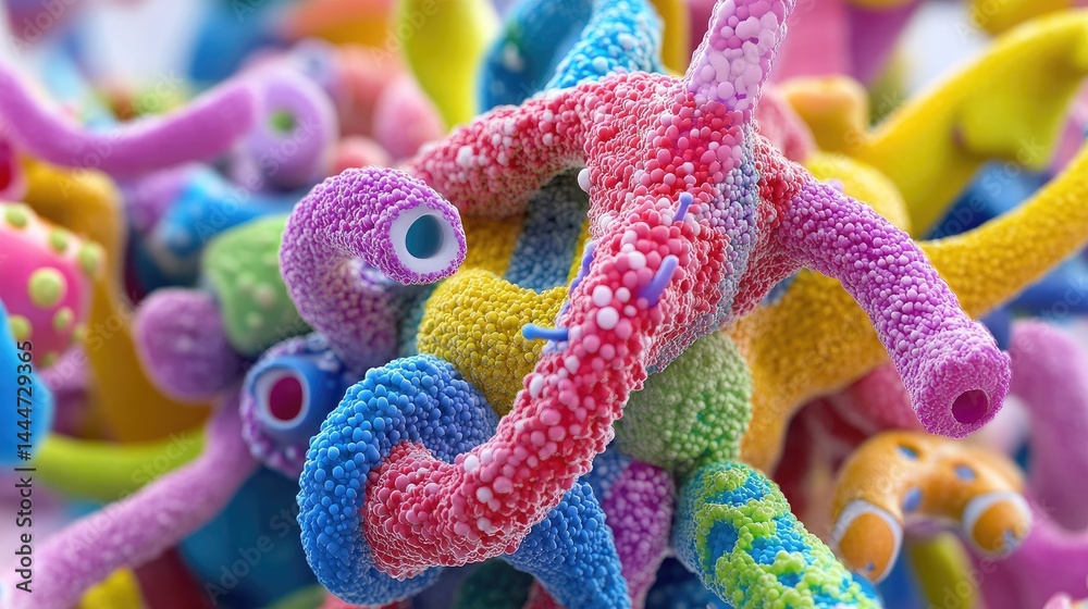 Poster close-up of digital virus structures in vivid colors, showing complex shapes and scientific detail