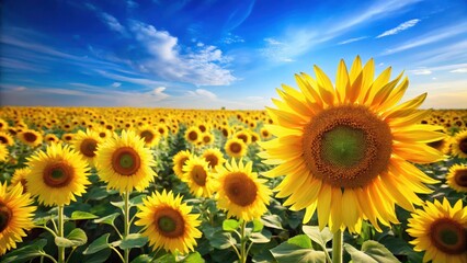 Obraz premium A field of bright yellow sunflowers with vibrant petals against a clear blue sky on a sunny day in late spring, nature