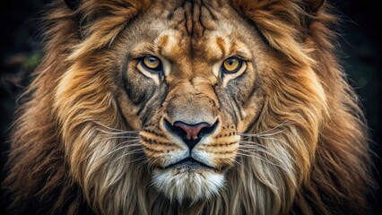 Fototapeta premium A close-up shot of a lion's face with a scowl and furrowed brow, revealing sharp teeth and piercing eyes that seem to be sizing up its surroundings , fierce, angry
